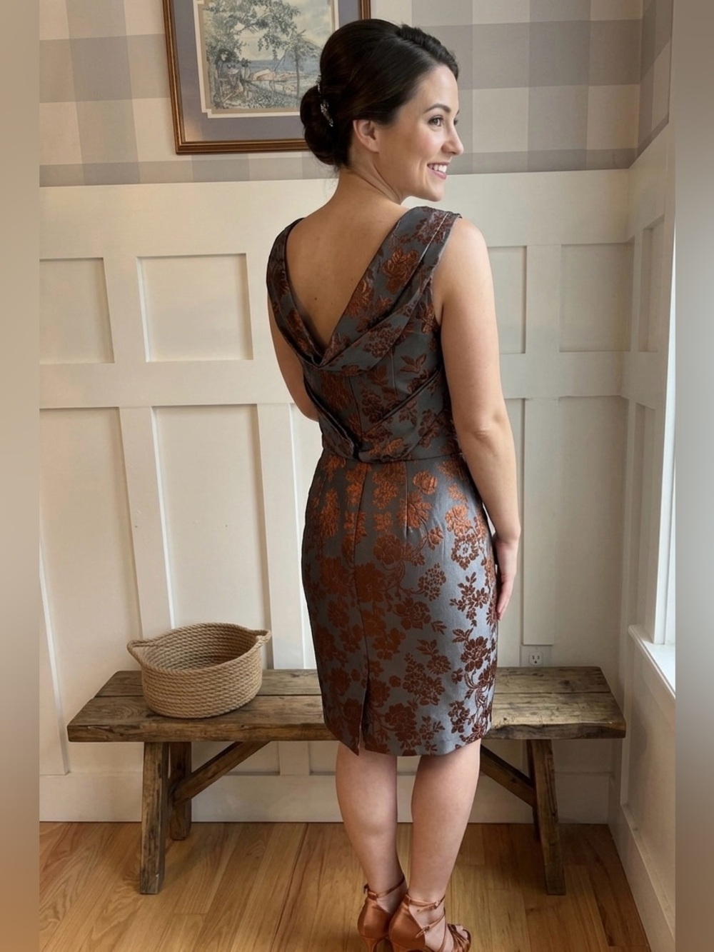 Vera Wang Gray‎ Dress with Orange Floral Brocade Size 6